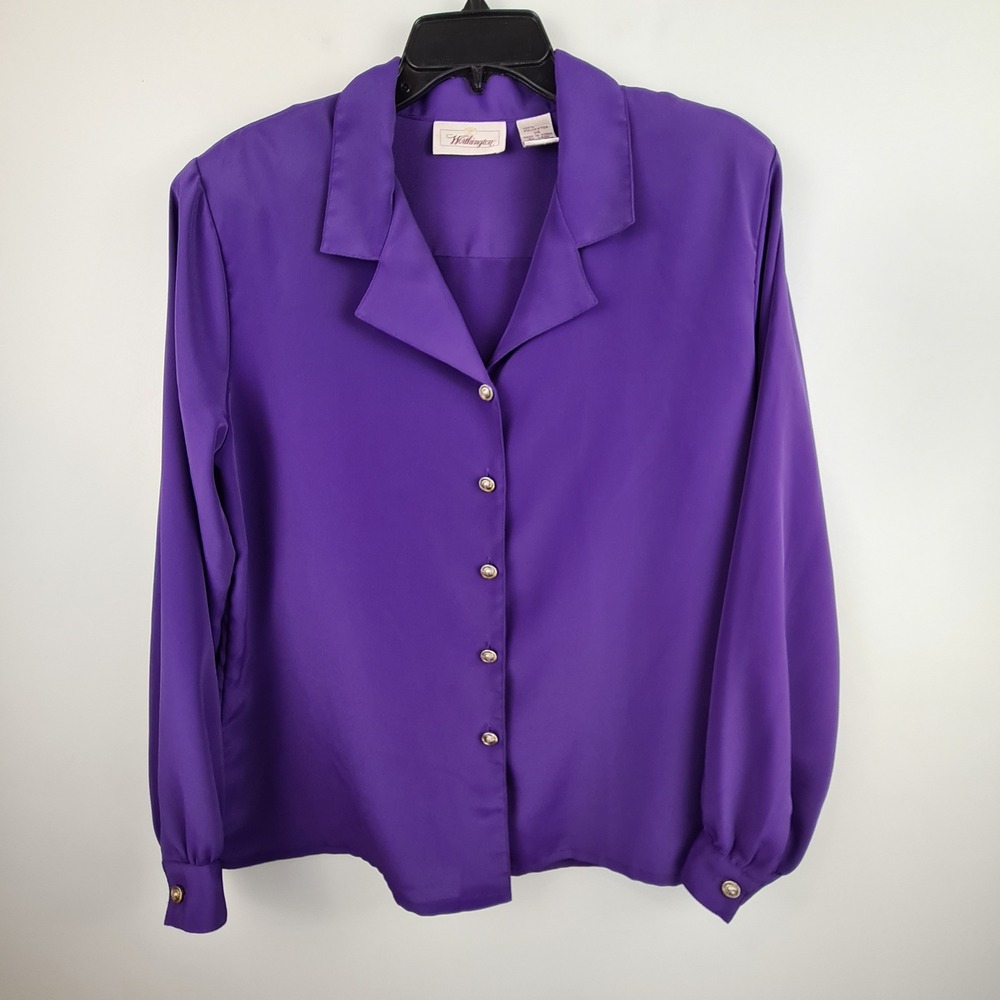 Worthington Vintage Purple Button Up Blouse Long Sleeve Notch Lapel Size 14